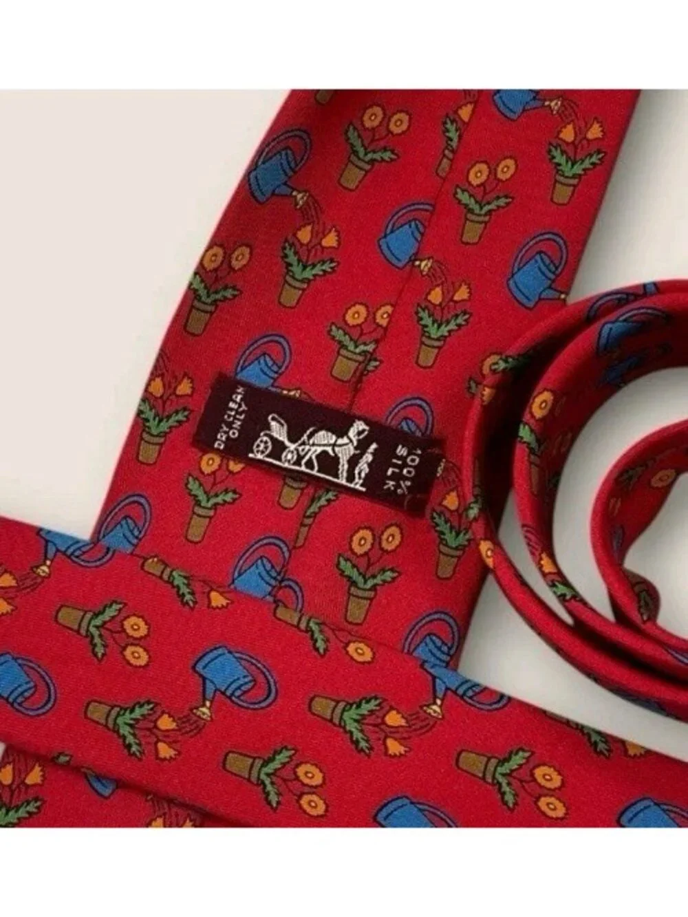 HERMÈS 7484 IA Silk Tie FRANCE Red Blue Green Water Can Flowerpot W:3.4
